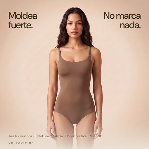 Body Efecto Silicona color chocolate claro, bretel fino regulable, moldea fuerte y no marca