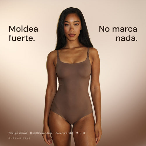 Body Efecto Silicona color chocolate claro, bretel fino regulable, moldea fuerte y no marca