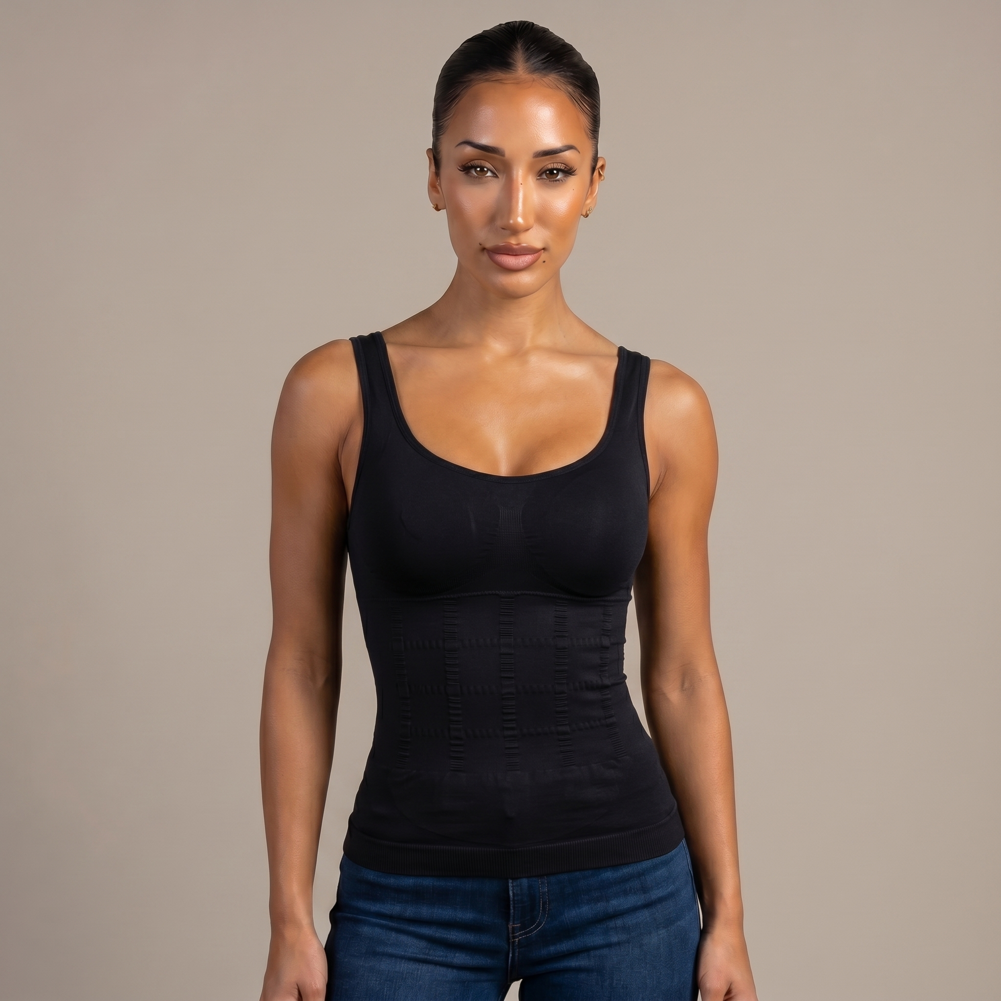 Musculosa Bretel Ancho negra con panel reductor abdomen - frente