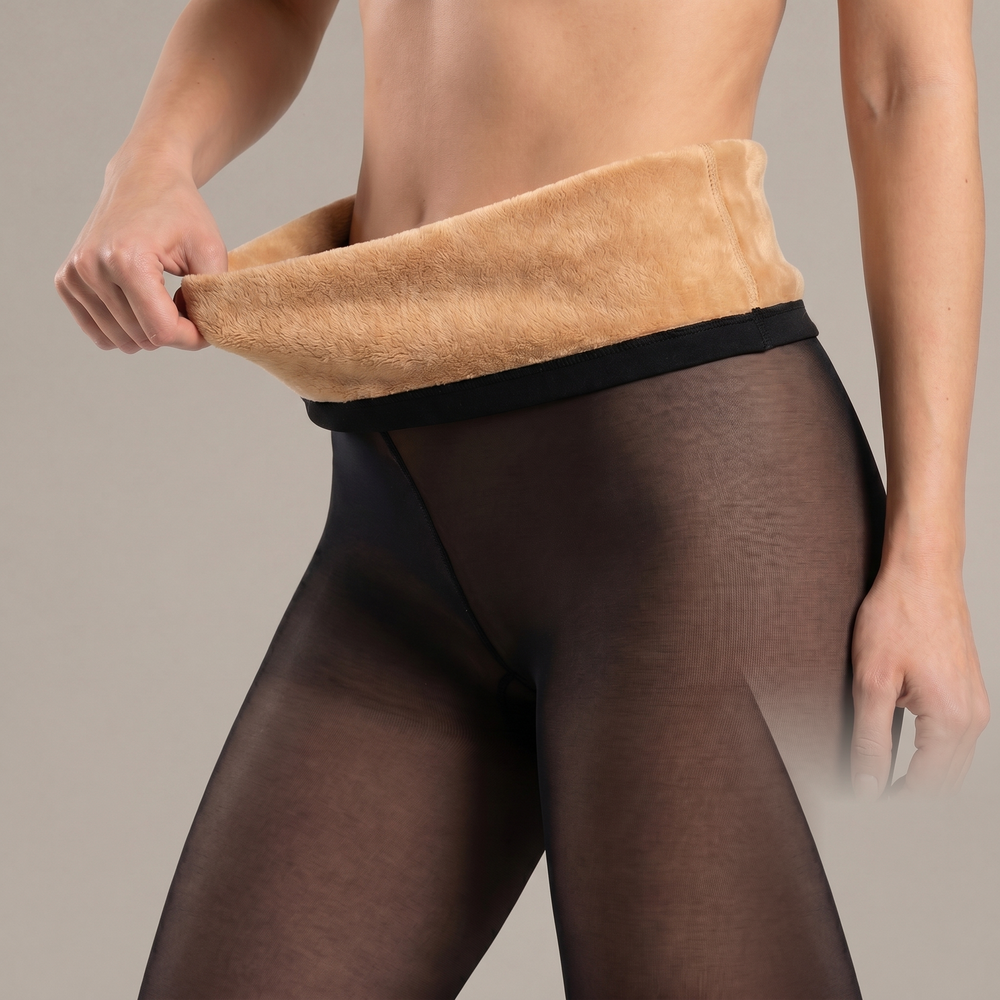 Medias Efecto Piel: forro de friza caramelo por dentro, negro translúcido por fuera - Curvadivina